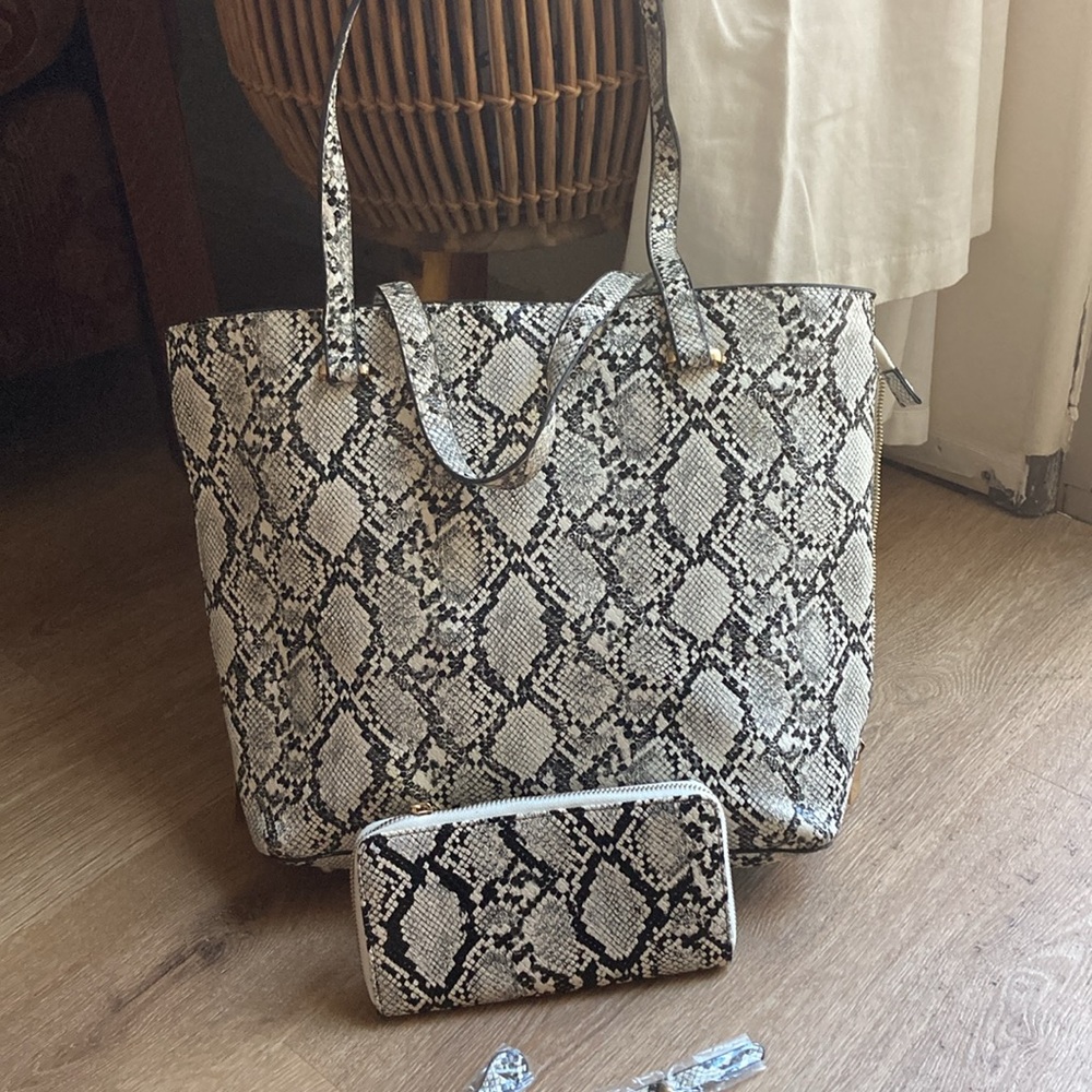 Large snake skin print handbag with matching wallet